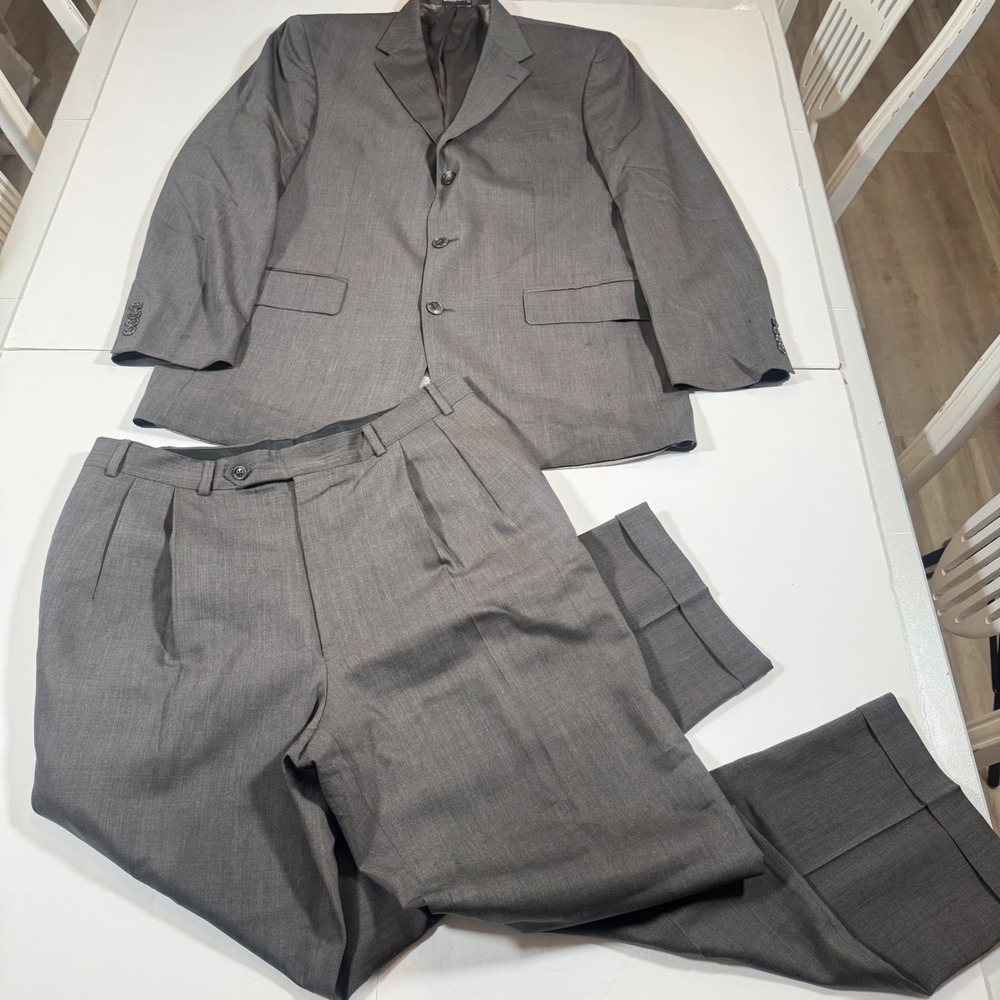Mens Grey 3 Button Suit Blazer Pleated Cuffed Trousers Set Wool Blend